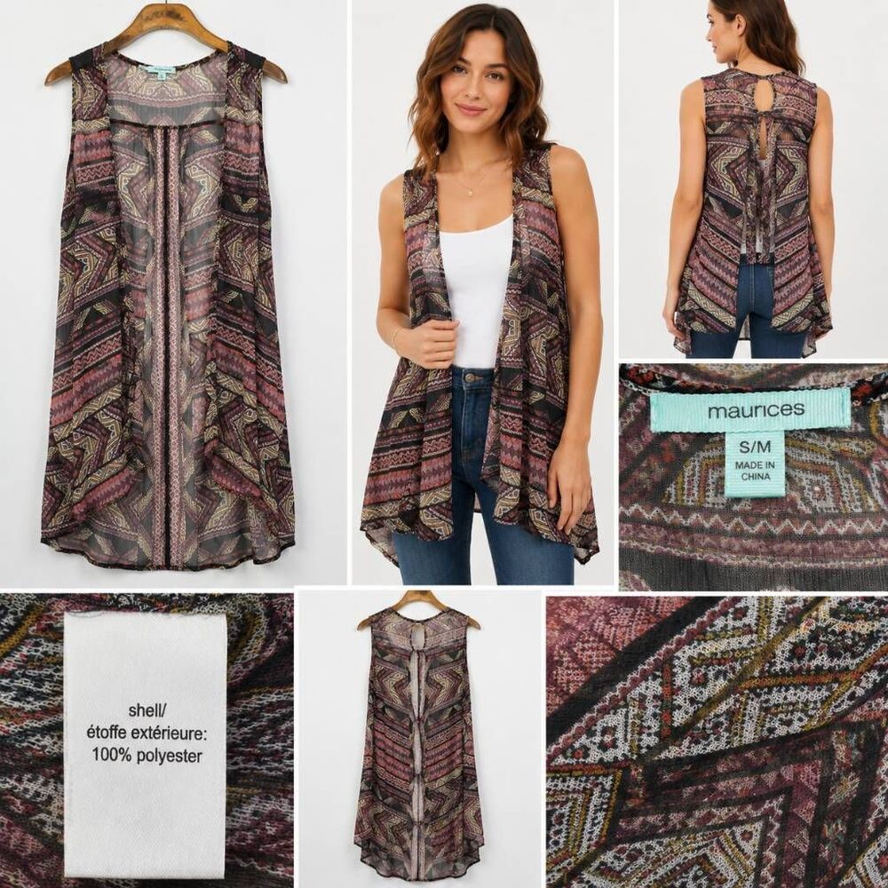 Maurices S/M Boho Long Cardigan Vest Aztec Print Duster